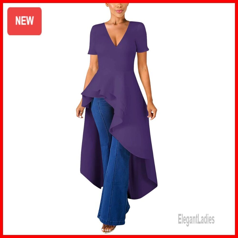 V-Neck Short Sleeve High Low Cocktail Dress Peplum Tunic Party Club